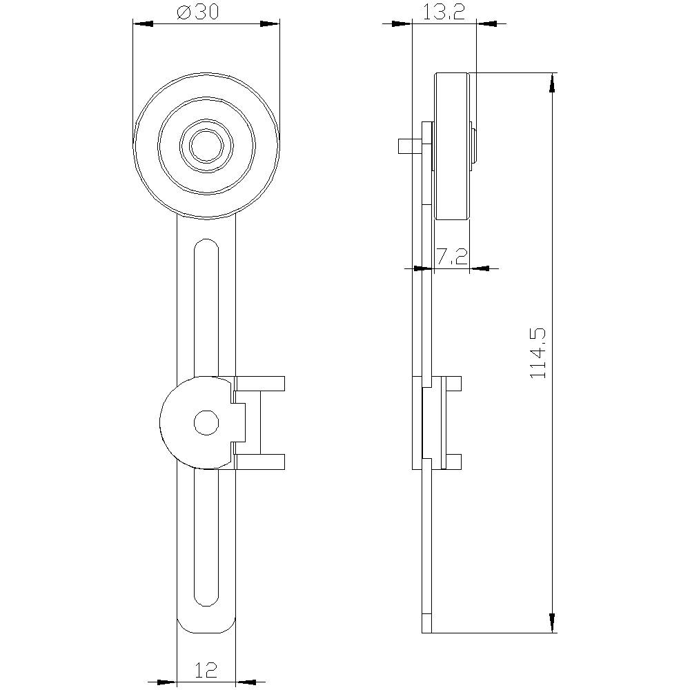 Dessin d'un composant technique avec dimensions : longueur totale 114,5 mm, largeur 30 mm, épaisseur 12 mm, vue latérale montrant une tige de 7,2 mm.