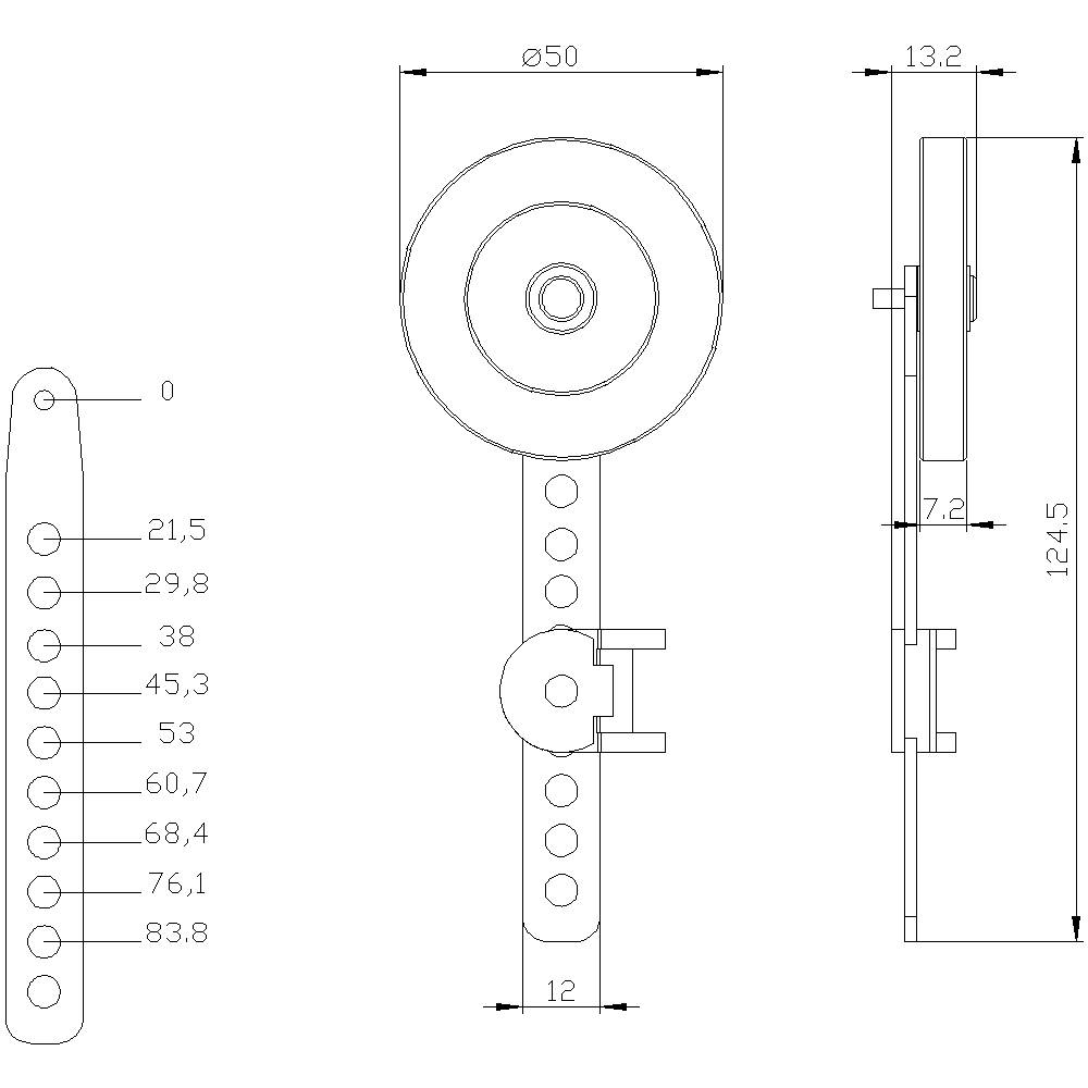 Dessin technique d'un appareil : vue de face, vue latérale et vue de dessus. Dimensions et écartements des trous indiqués, élément principal avec un élément circulaire.