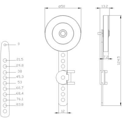 Dessin technique d'un appareil : vue de face, vue latérale et vue de dessus. Dimensions et écartements des trous indiqués, élément principal avec un élément circulaire.