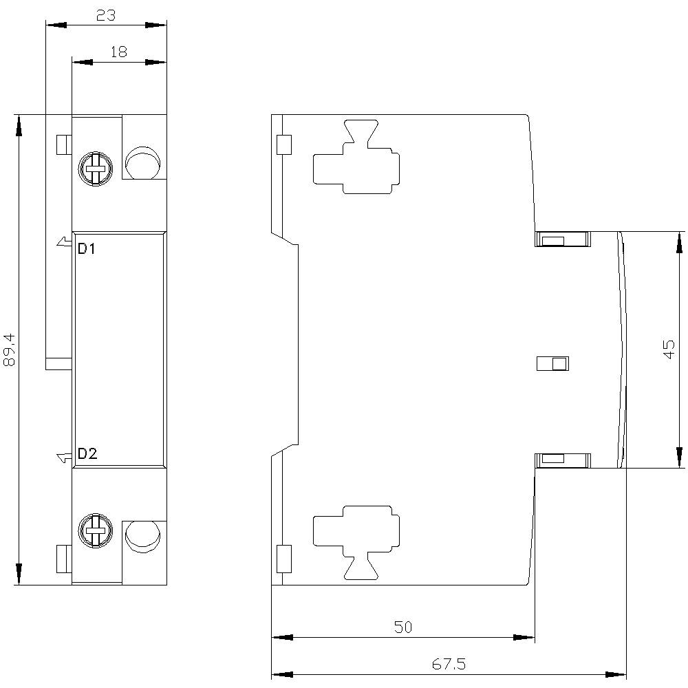 Dessin technique d'un composant électrique avec dimensions : largeur 18 mm, hauteur 89 mm, profondeur 67,5 mm. Bornes de raccordement D1, D2 sont marquées.