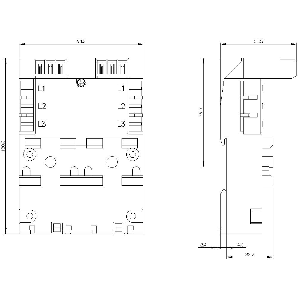 Dessin technique d'un contacteur avec dimensions, vue de face et vue latérale. Les bornes L1, L2, L3 sont indiquées. Dimensions en mm.