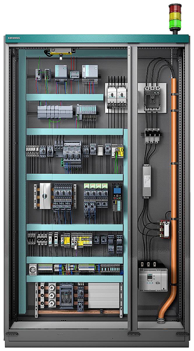 Un tableau électrique avec différents composants électriques et câbles, avec un tuyau orange plus épais sur la droite.