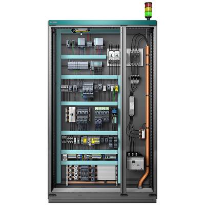 Un tableau électrique avec différents composants électriques et câbles, avec un tuyau orange plus épais sur la droite.
