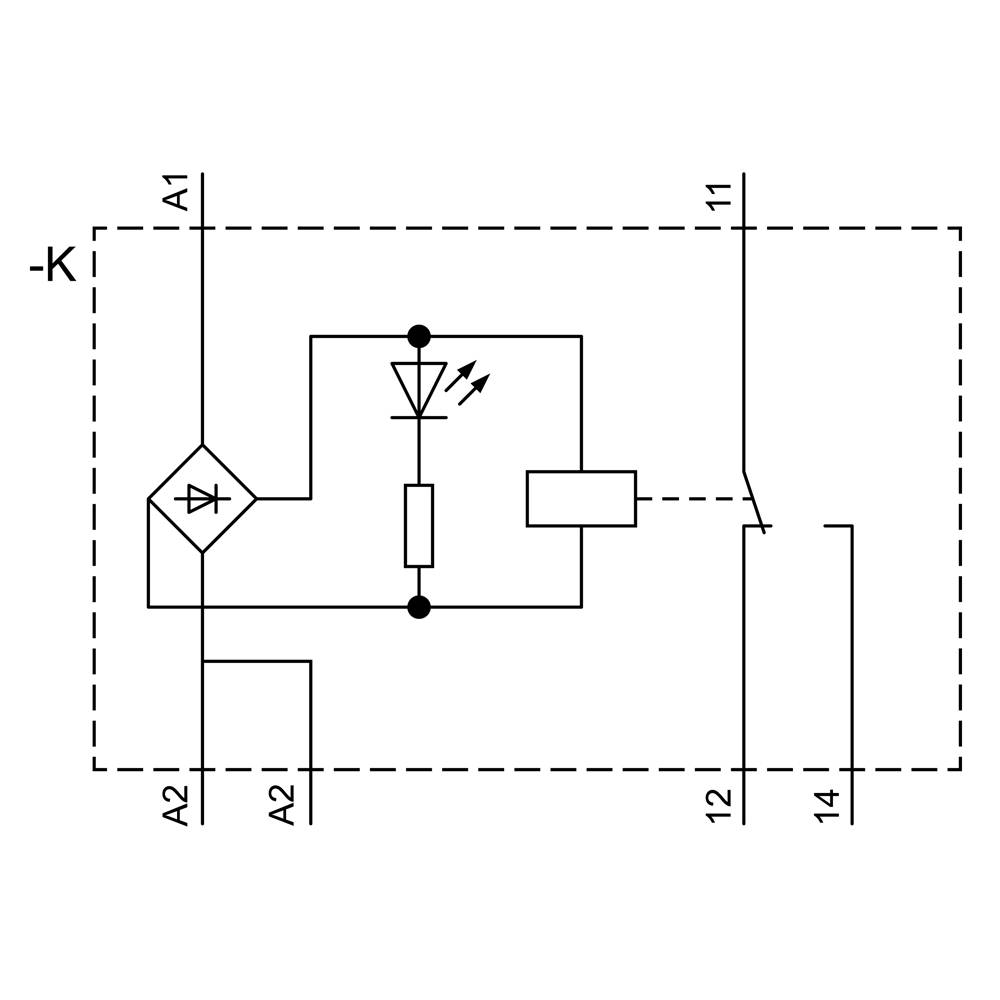 Symbole de commutation d'un relais avec diodes et indicateur LED. Étiquettes : A1, A2, 11, 12, 14 et -K. Montre les chemins de circulation du courant.