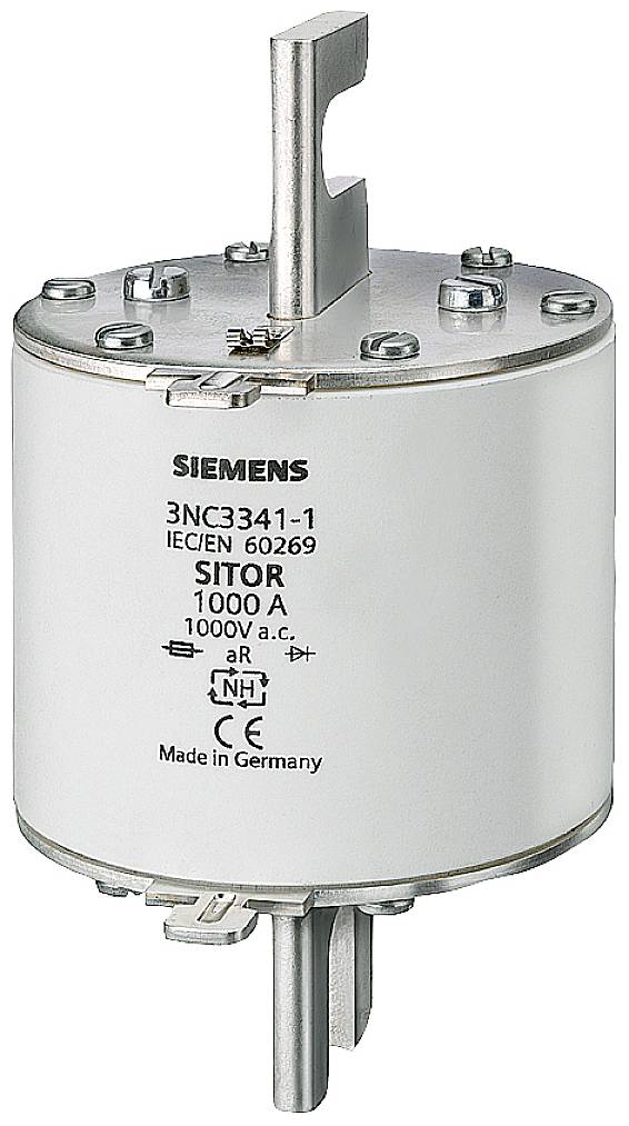 Fusible cylindrique électrique de Siemens portant l'inscription '1000V, 1000A'. Adapté pour les installations électriques.