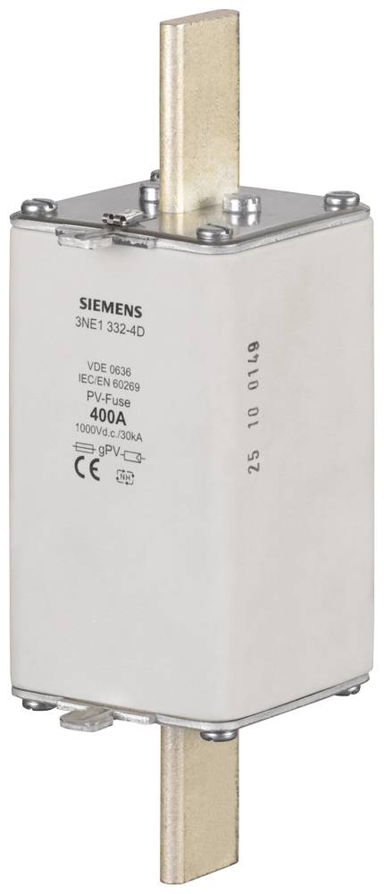 Fusible avec connexion métallique, 400A, marqué 'Siemens', '3NE1 332-4D'. Adapté aux applications photovoltaïques.