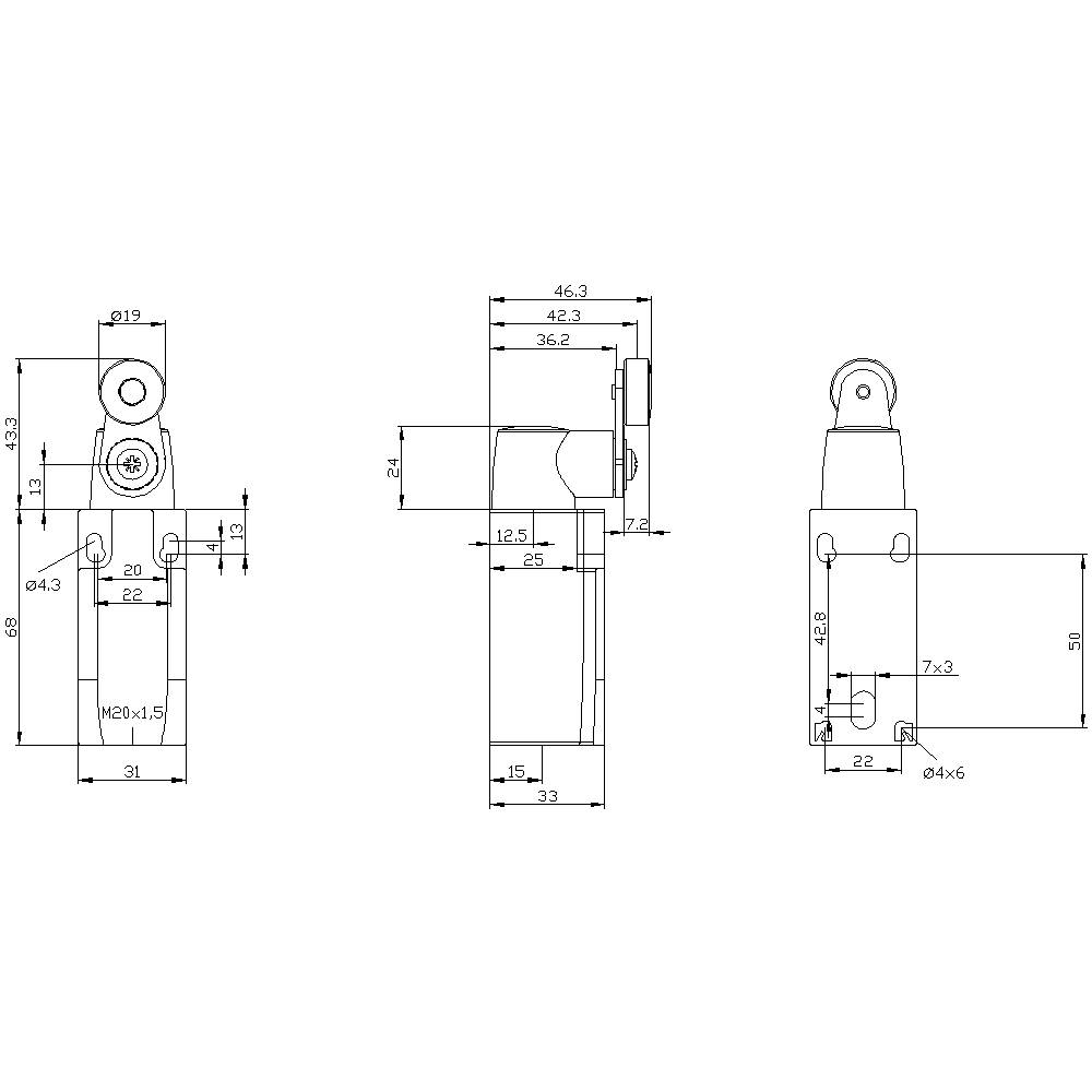 Dessin technique d'un composant mécanique avec dimensions et indications de taille en millimètres, représenté en trois vues.