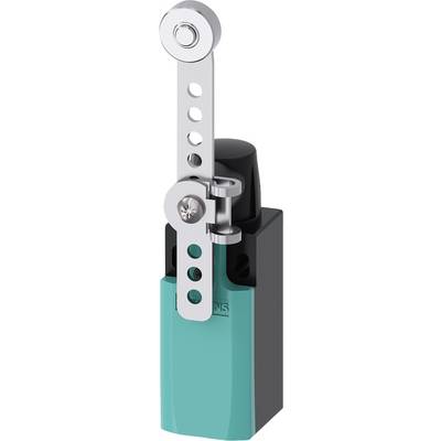 Interrupteur électrique avec un long levier, boîtier cylindrique en turquoise et noir. Levier avec plusieurs trous.