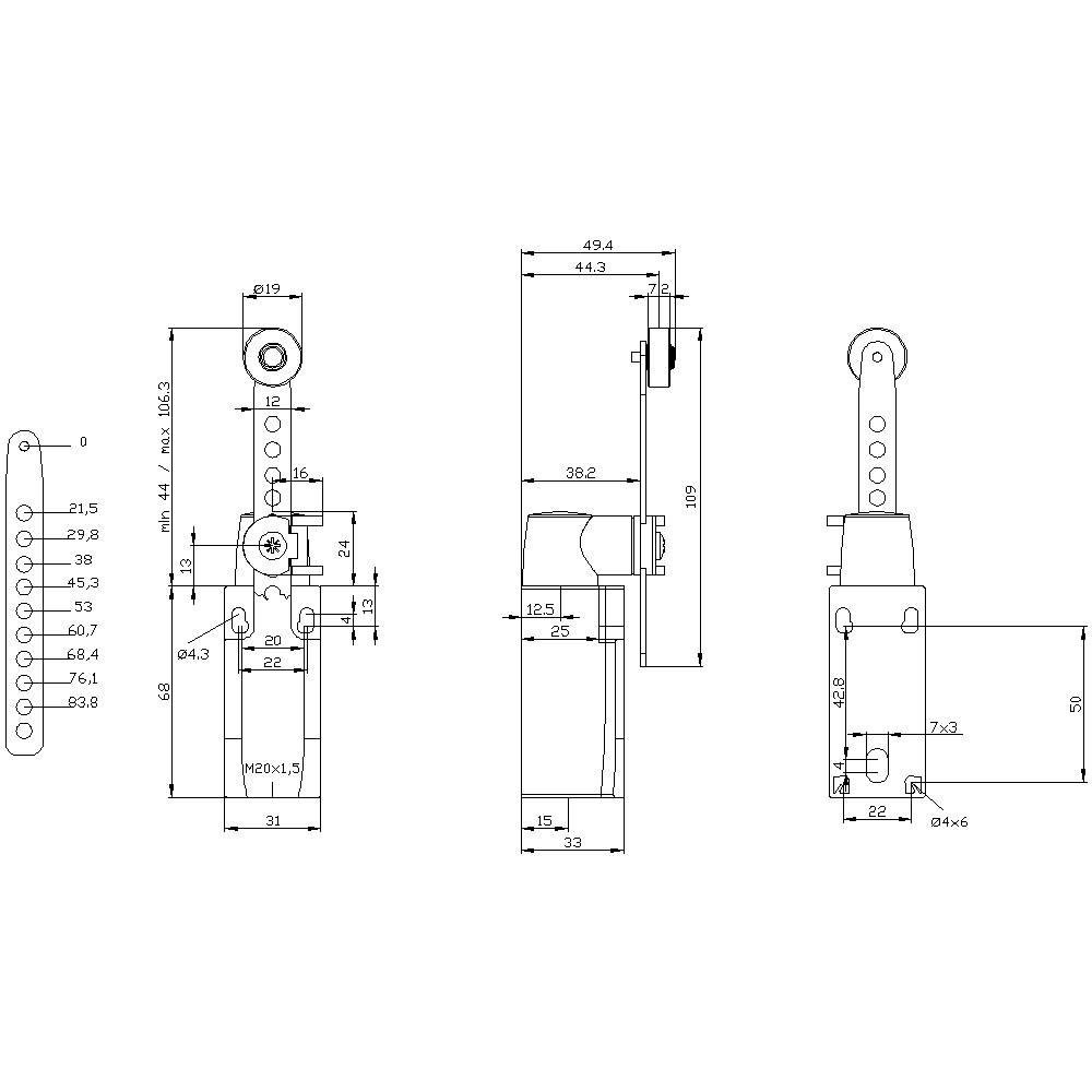 Dessin technique d'un levier mécanique avec différentes dimensions, vue de côté et vue de face, cotes en millimètres.