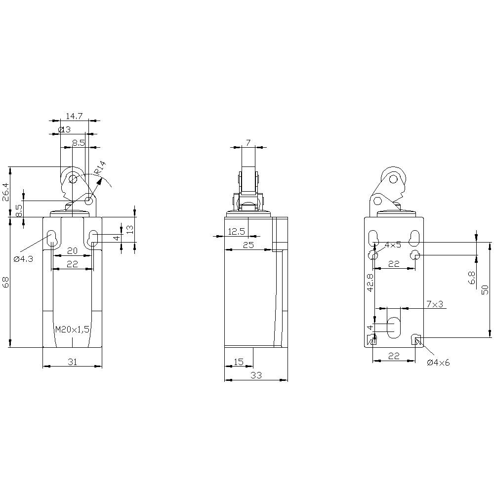 Dessin technique d'un vérin pneumatique avec cotes. Présente une vue de face, une vue latérale et une vue de dessus avec des dimensions spécifiques.