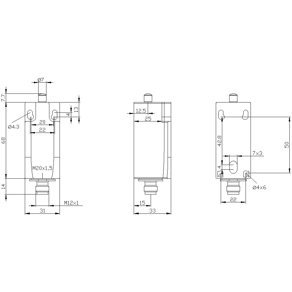 Dessin technique d'un composant cylindrique avec différentes vues et dimensions, telles que la hauteur, le diamètre et le filetage.