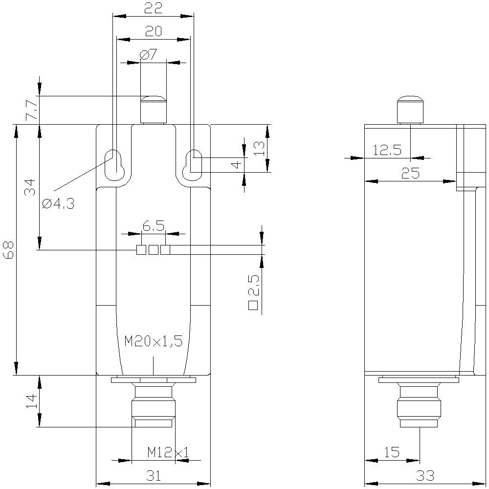 Dessin technique d'un composant cylindrique avec des dimensions en millimètres. Vues de face et de droite, avec des dimensions détaillées.