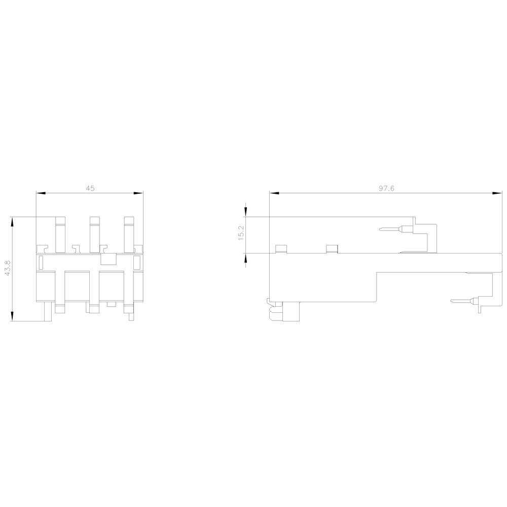 Dessin technique d'un composant avec dimensions : largeur 45 mm, hauteur 12,6 mm, longueur 97,6 mm. Les points de connexion sont marqués.