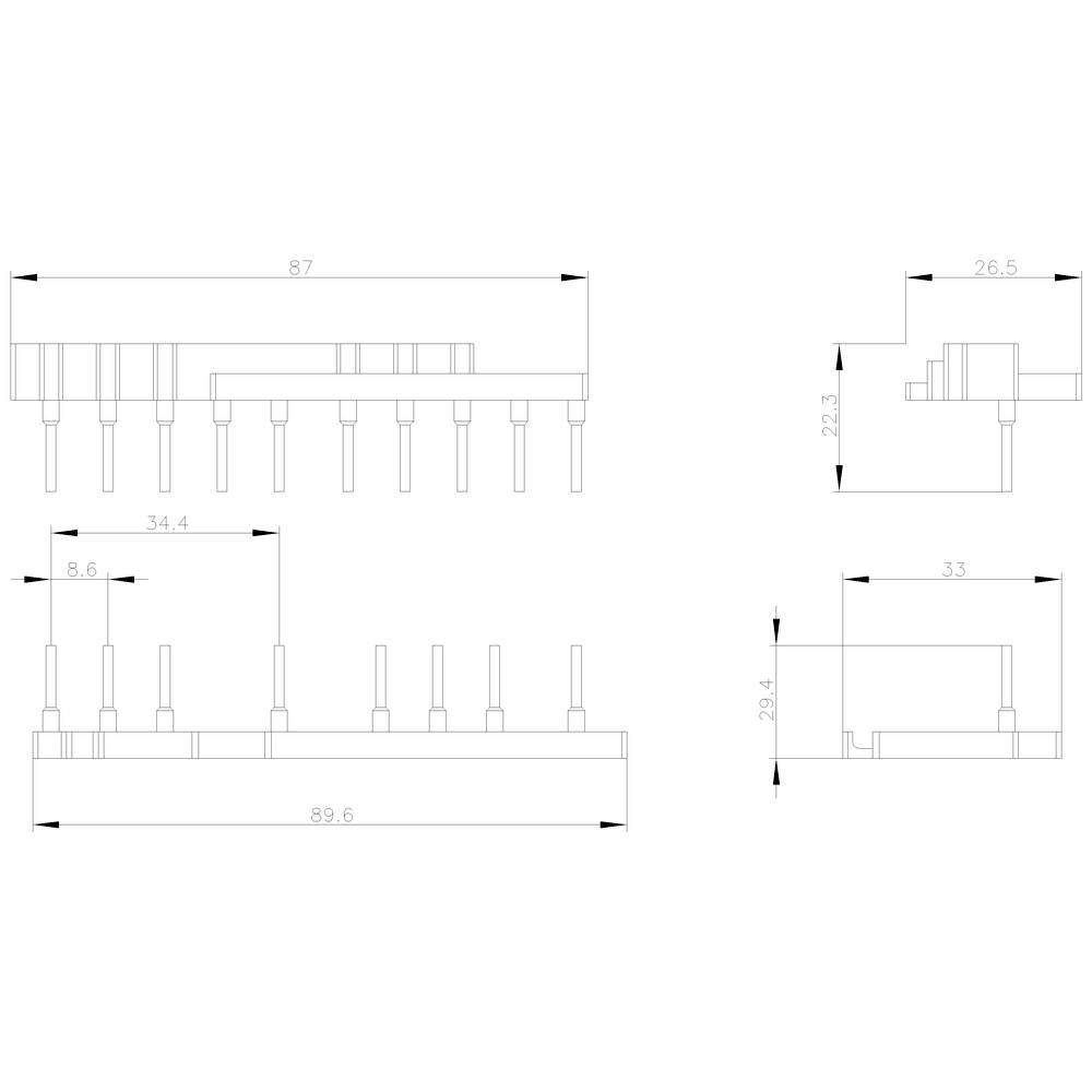 Dessin technique d'un composant électronique avec dimensions : largeur 87 mm, hauteur 34,4 mm et profondeur 26,5 mm.