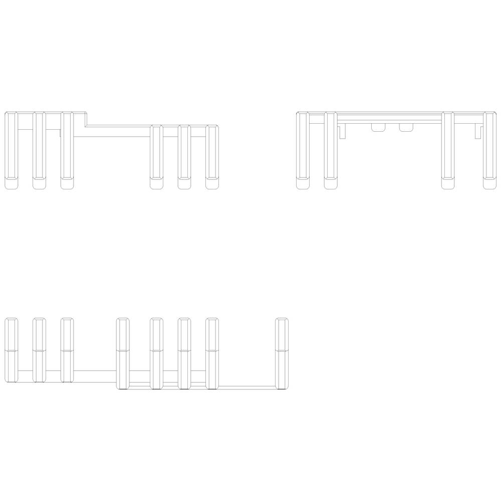 Dessins techniques de trois vues d'un système d'étagères modulaire comprenant six supports verticaux et des connexions horizontales.