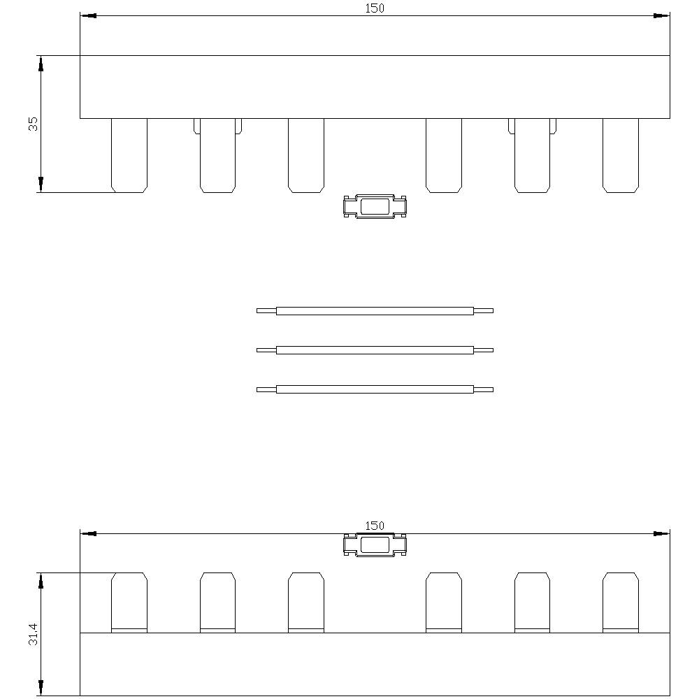 Dessin technique d'un composant rectangulaire de dimensions 150 x 35 mm. Vue de dessus et vue de dessous avec éléments de montage.