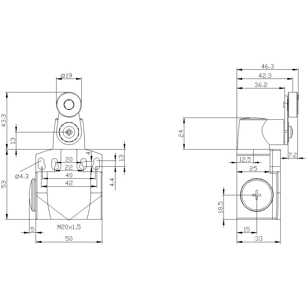 Dessin technique montrant les dimensions et les vues d'un composant mécanique avec des points de connexion et de fixation.