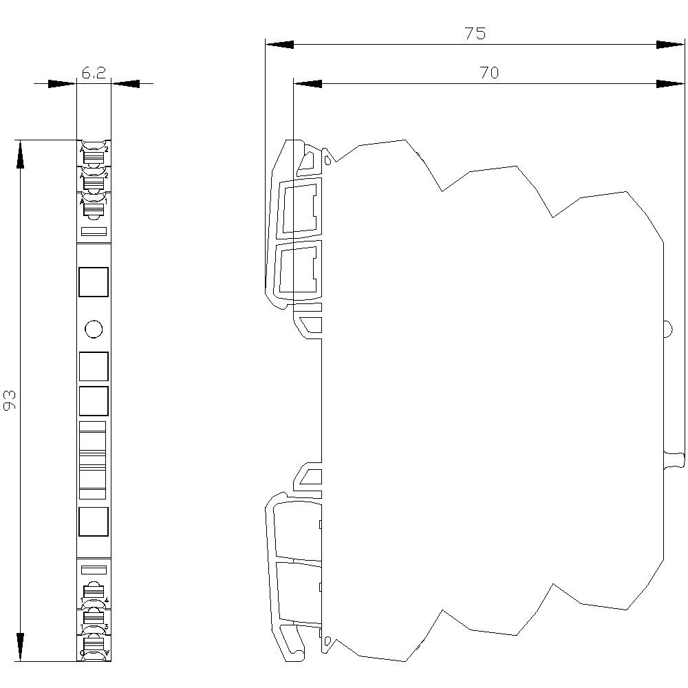 Dessin technique d'un composant rectangulaire avec les dimensions suivantes : 93 mm de hauteur, 75 mm de longueur. Vue latérale montrant les détails internes.