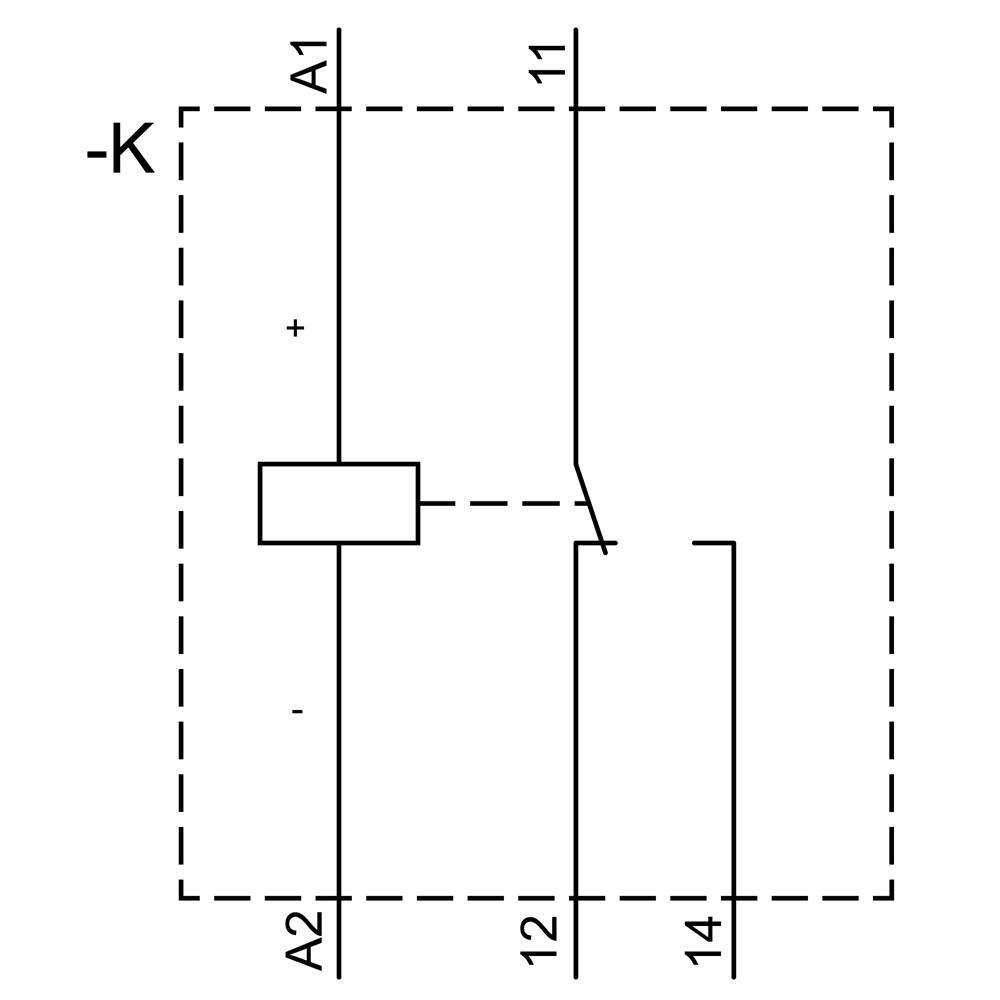 Symbole de commutation d'un relais : Rectangle avec un contact de fermeture. Bornes : A1, A2, 11, 12, 14. En haut à gauche : '-K'.