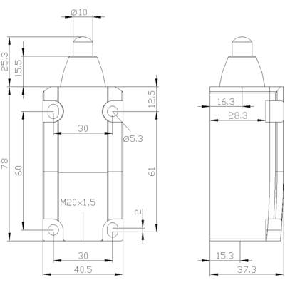 Dessin technique d'un composant avec dimensions : hauteur 78 mm, largeur 40,5 mm, diamètre 10 mm. Liste des perçages et filetages, vue de côté et vue de face.