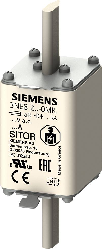 Figure d'un ensemble de fusible haute performance de Siemens. Présente le numéro de modèle, la tension nominale et les certifications.