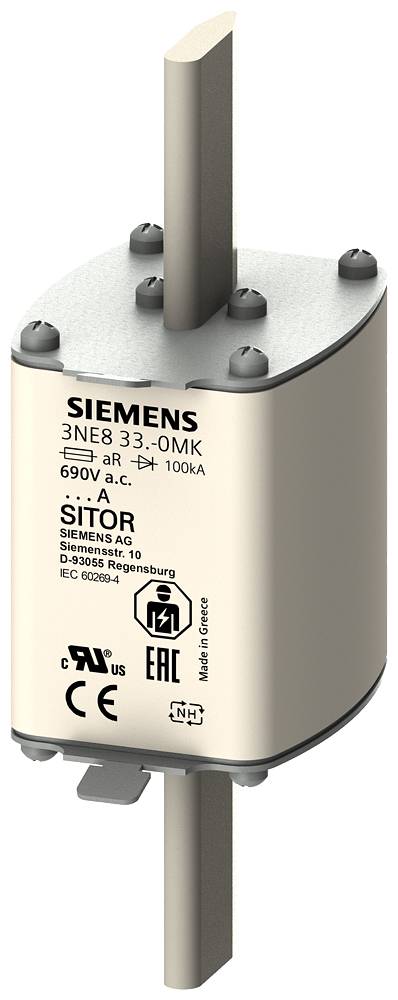 Sécurité industrielle de Siemens avec spécification : '3NE8 33-0MK', 690V, 100kA. Certificats CE, EAC. Fabriqué en Grèce.