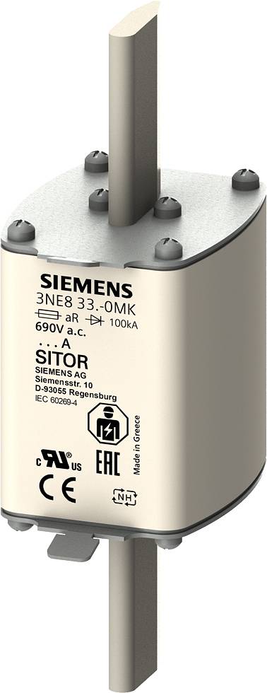 Fusible Siemens portant l'inscription '3NE8 33-0MK', évalué pour 690V c.a., 100kA. Affiche les logos et les informations du fabricant.