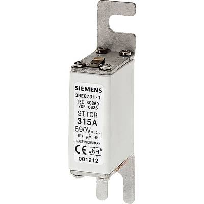 Un fusible portant l'inscription 'SIEMENS 3NE8731-1 SITOR 315A 690V a.c.', avec des contacts métalliques et un trou de fixation en haut.