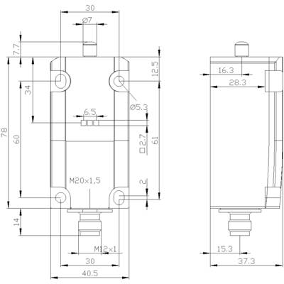 Dessin technique d'un composant cylindrique avec indication des dimensions en millimètres. Présente une vue de face et une vue latérale avec des indications de diamètre et de hauteur.