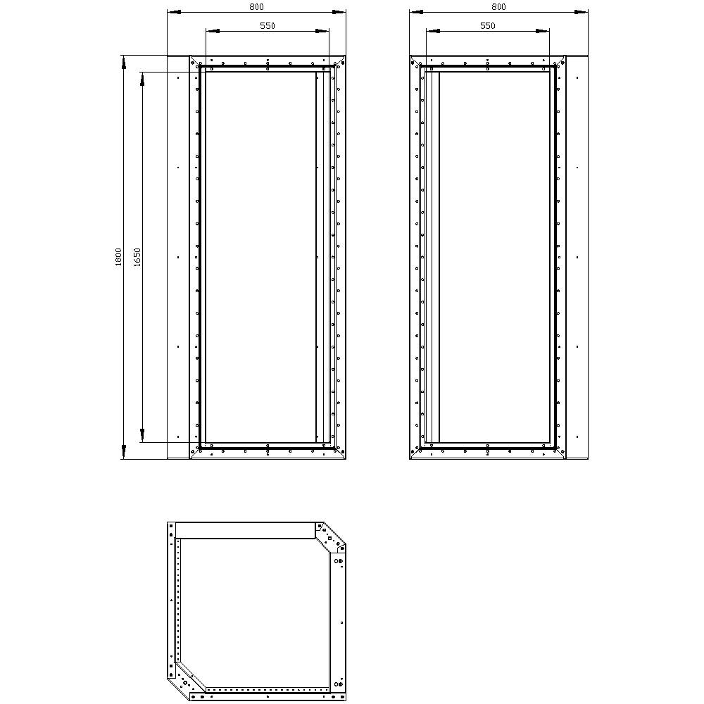 'Dessin technique de deux cadres rectangulaires avec dimensions : hauteur 1550 mm, largeur 850 mm, profondeur 550 mm, vue de face et de côté.'