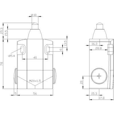 Dessin technique d'un composant cylindrique avec dimensions en millimètres. Les vues de face et de côté présentent les détails et les raccordements.