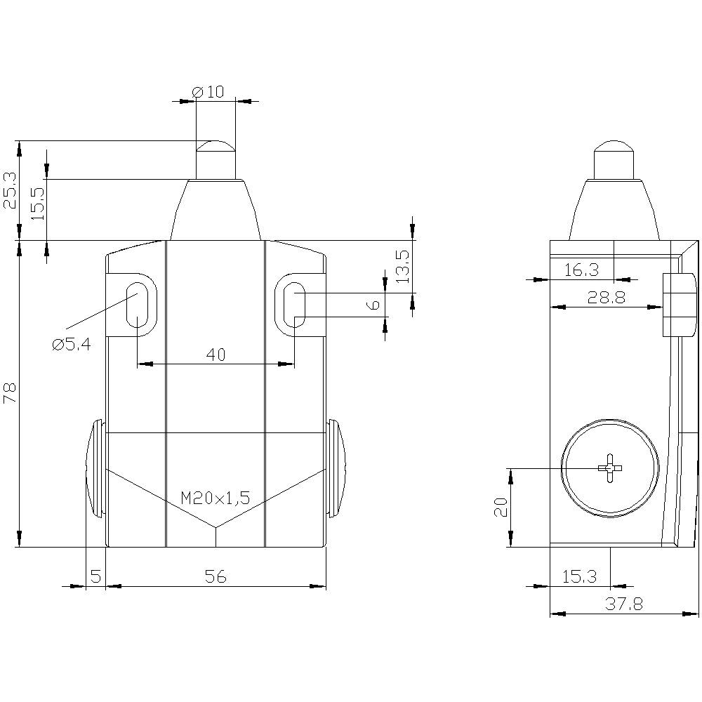 Dessin technique d'un objet cylindrique avec différentes dimensions et filetages, vues latérale et frontale.