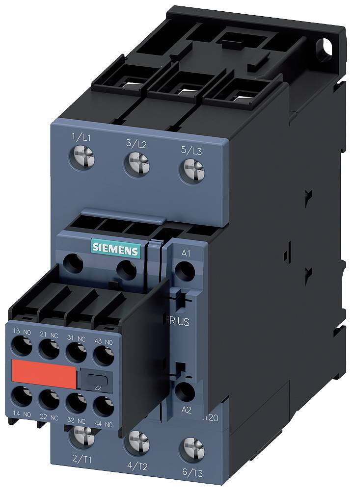 Un contacteur électrique avec le logo Siemens, montrant les connexions et la plage de commutation. Utilisé pour commuter des circuits de puissance électrique.
