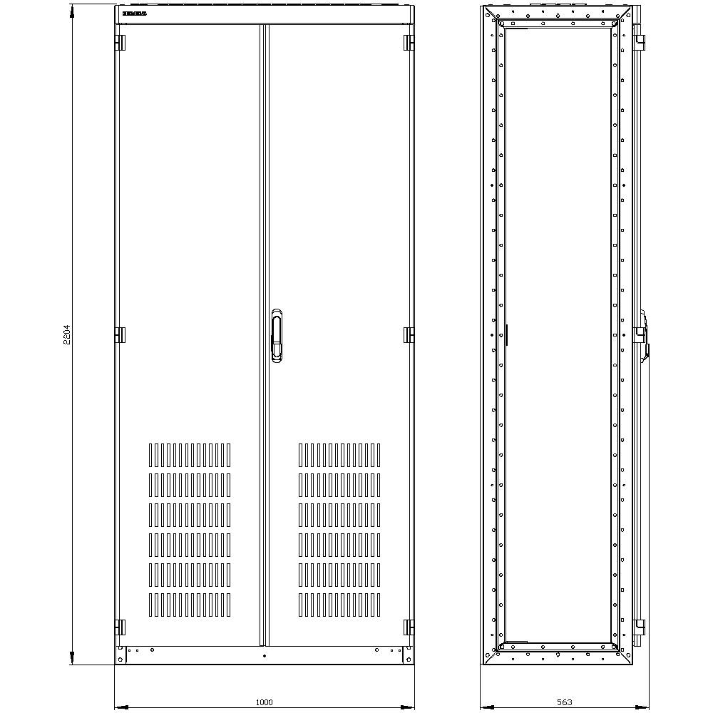 Dessin d'armoire en vue de face et de côté, montrant les poignées de porte, les fentes de ventilation et les dimensions : 900 mm de hauteur, 1000 mm de largeur, 963 mm de profondeur.
