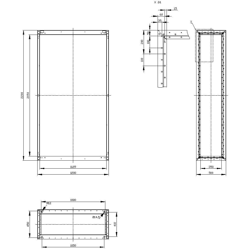 Dessin technique d'un cadre rectangulaire en métal avec des dimensions précises en millimètres. Vue latérale et vue de face présentées.