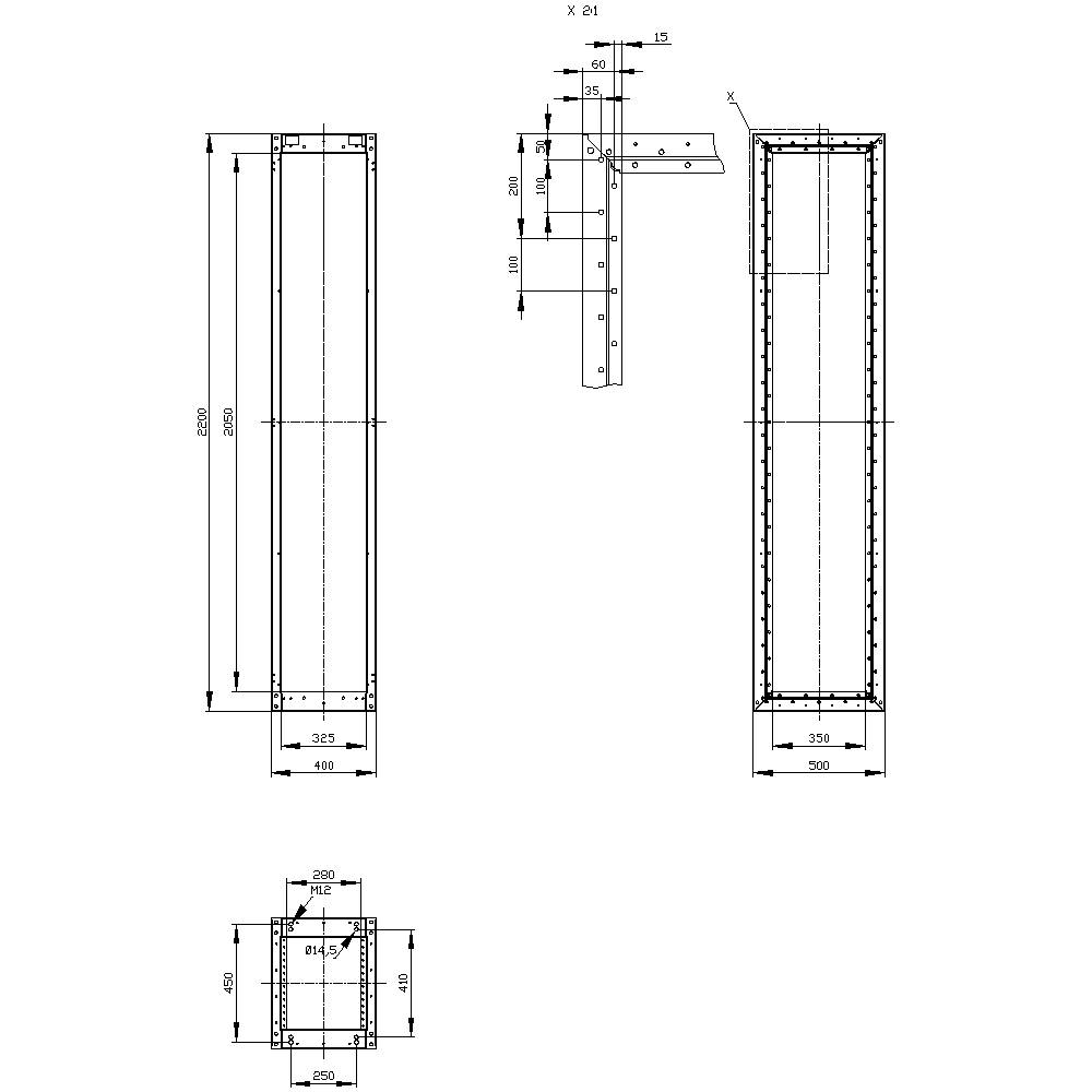 Dessin technique d'une structure rectangulaire avec ses dimensions. Une vue latérale présente des détails dimensionnels et des connexions.