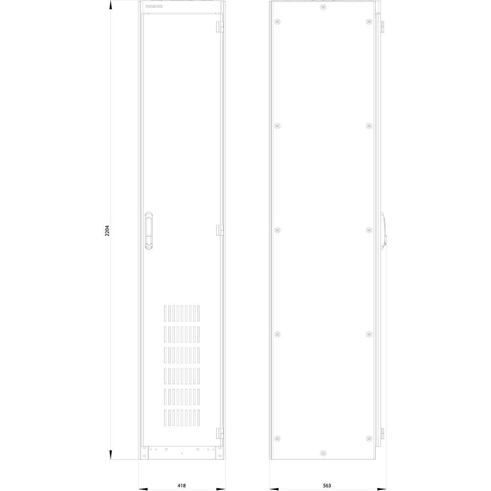 Dessin technique d'un placard rectangulaire avec dimensions : hauteur 2004 mm, largeur 543 mm, profondeur 418 mm, avec orifices de ventilation.