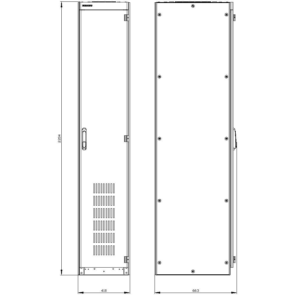 Dessin technique d'un armoire électrique rectangulaire. Les dimensions sont indiquées sur le dessin : 2624 mm de hauteur, 663 mm de largeur.