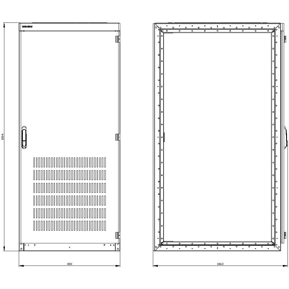 Dessin technique d'un boîtier métallique avec une partie de porte amovible, des fentes de ventilation en bas et des charnières de porte visibles. Dimensions : 900 mm de largeur.