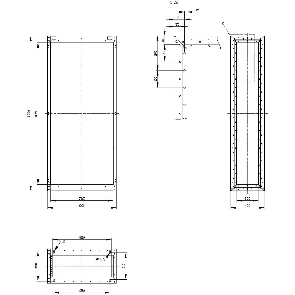 Dessin technique d'un cadre rectangulaire en métal avec des dimensions précises et des vues détaillées des points de montage et des vis.