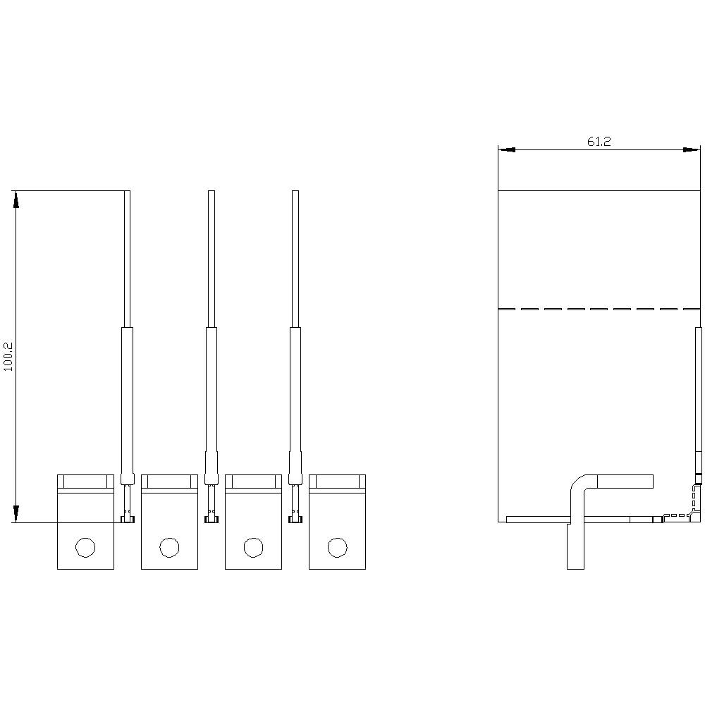 Dessin de quatre antennes verticales de dimensions identiques, avec une dimension totale de 61,2x100,2, reliées par une ligne horizontale au sol.