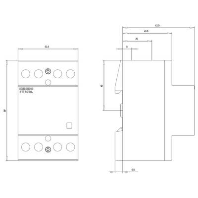 Dessin technique d'un appareil électrique rectangulaire avec des dimensions précises en millimètres. Vue latérale et vue de face.