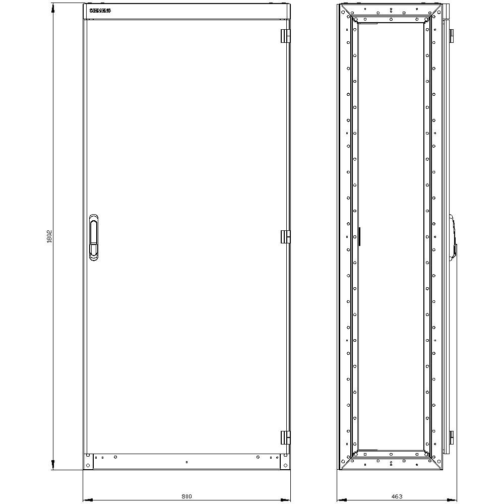 Dessin technique d'un boîtier métallique rectangulaire avec porte, vues de face et de côté, dimensions en millimètres.