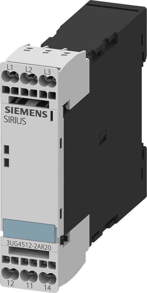 'Siemens SIRIUS 3UG4512-2AR20' Relais de surveillance de tension, vue de face avec bornes de connexion et étiquetage.
