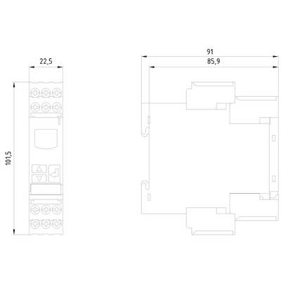 Dessin technique d'un dispositif électronique avec dimensions : hauteur 101,5 mm, largeur 22,5 mm, profondeur 91 mm (85,9 mm à un endroit).