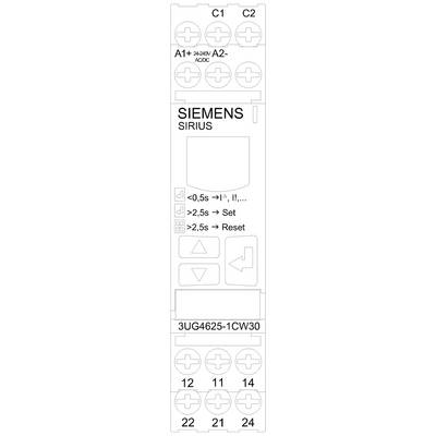 Illustration d'un appareil Siemens SIRIUS, modèle 3UG4625-1CW30, avec bornes de connexion C1, C2, A1+, A2-. Affichage pour Set et Reset.