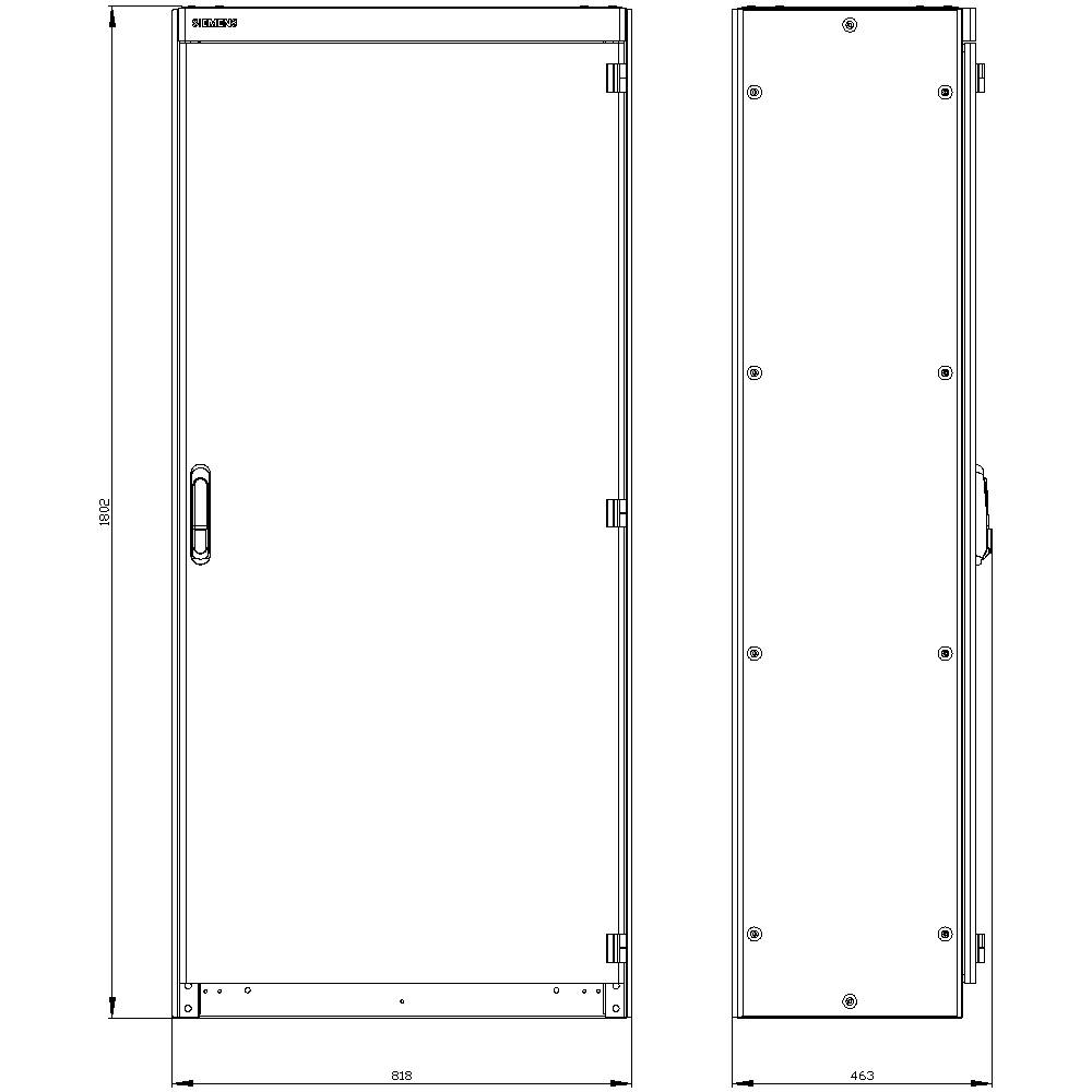 Illustration en noir et blanc d'un placard rectangulaire. Deux vues : vue de face montrant la porte et la poignée, vue de côté indiquant la profondeur. Les dimensions sont précisées.
