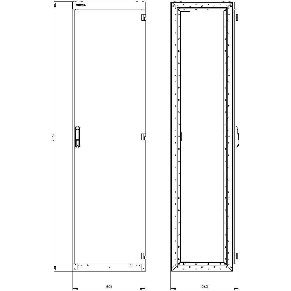 Dessin technique d'un boîtier métallique rectangulaire avec vue de porte, dimensions 1925 mm de hauteur, 600 mm de largeur.