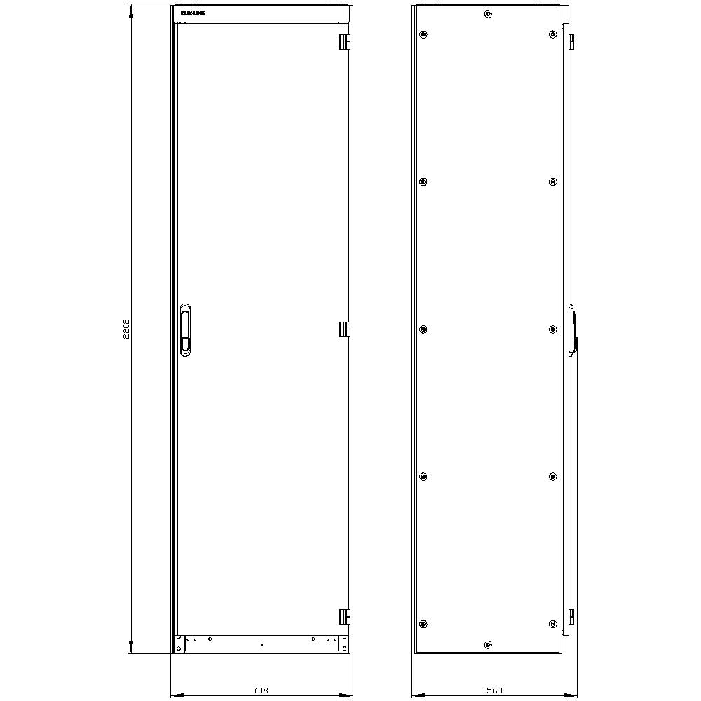 'Dessin technique d'un armoire électrique avec vue de face et vue latérale. Dimensions : hauteur 2000 mm, largeur 658 mm (vue de face), 563 mm (vue latérale).'
