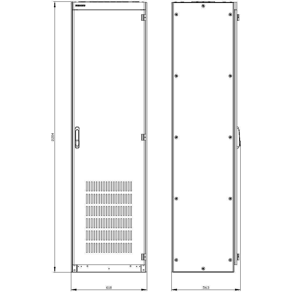 Dessin technique d'une armoire rectangulaire vue de face et de côté avec ses dimensions. Orifice de ventilation en bas de la porte.